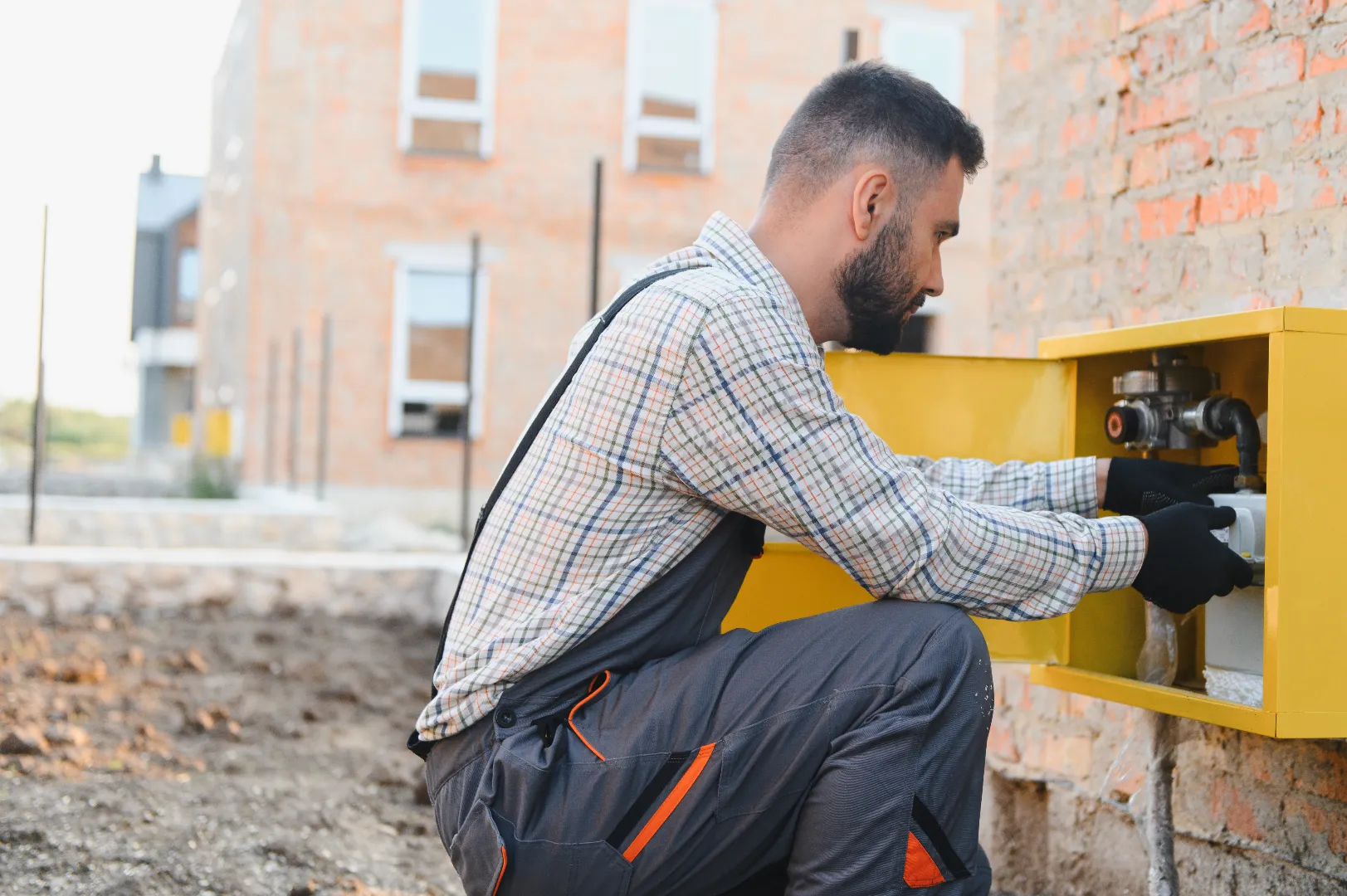 Technician installing natural gas meter on residential property during licensed gas line service