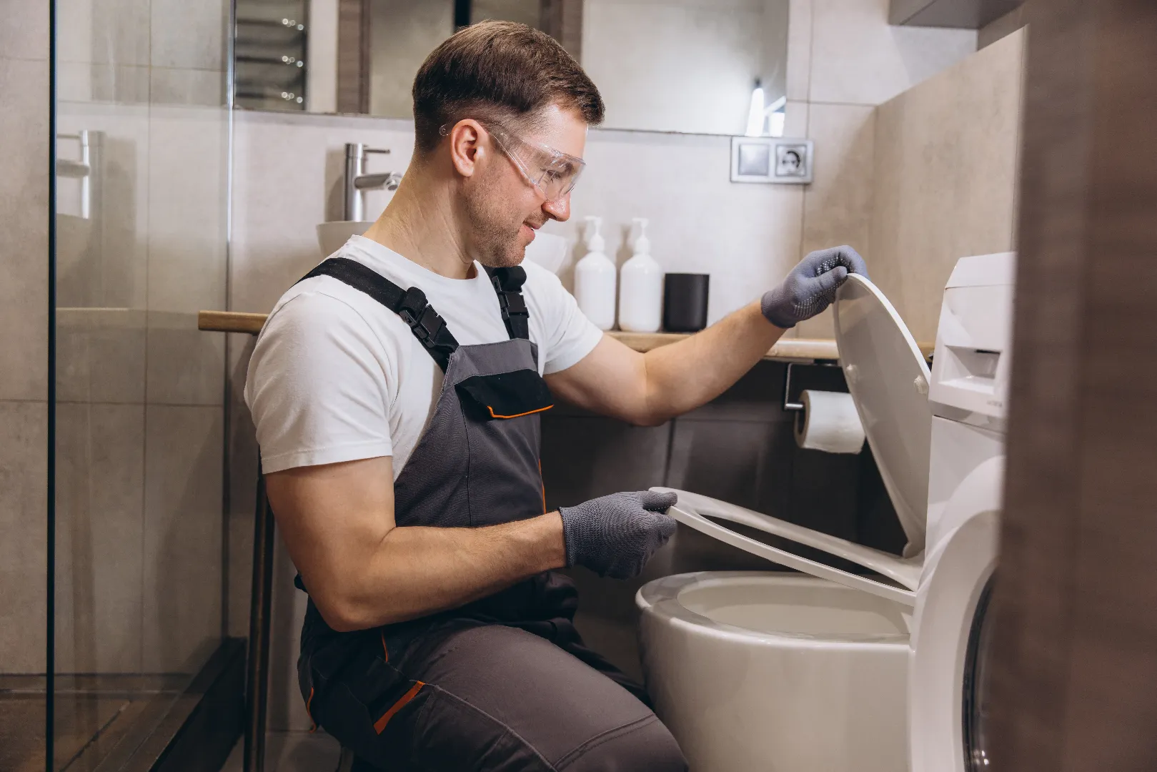 Plumber installing toilet seat in modern bathroom during toilet repair service in Toronto